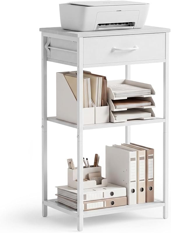 Printer Stand with Fabric Drawer, 3-Tier Industrial Sturdy Under Desk Printer Cart with Open Storage, Narrow Printer