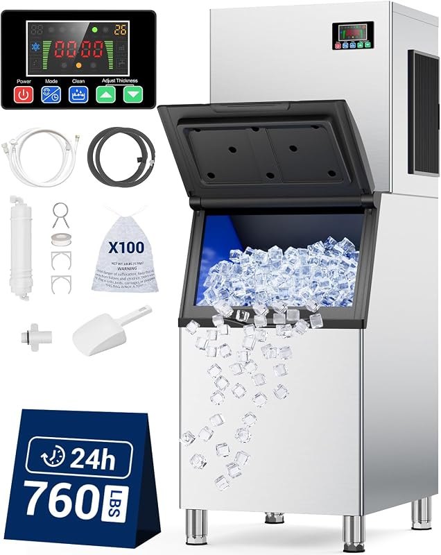 Commercial Ice Maker, 760 LBS/24h with 560 LBS Large Storage Bin — Nugget ice maker for nugget ice makers