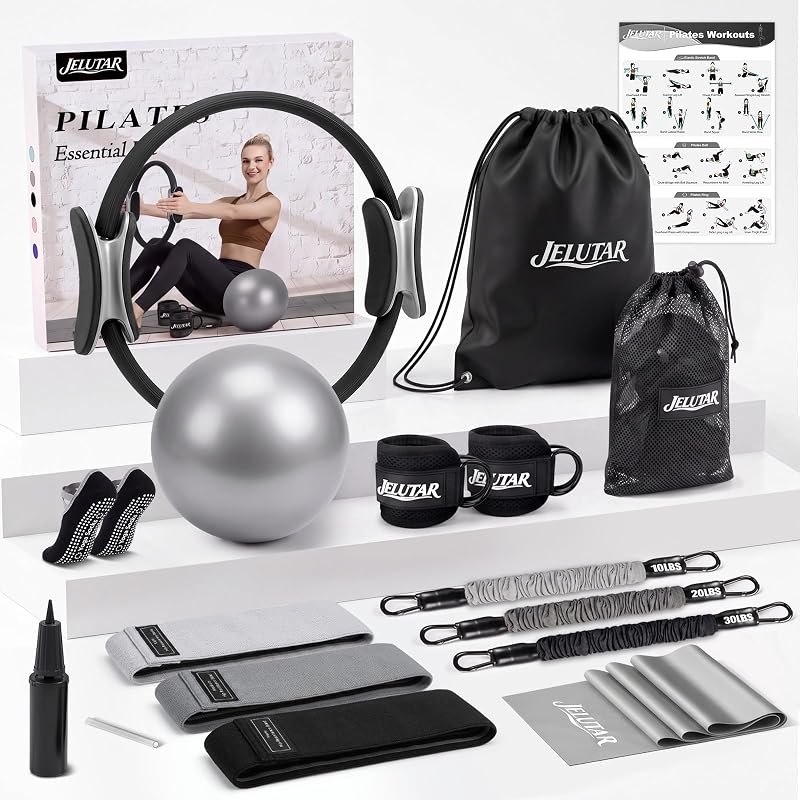 JELUTAR Pilates Kit for Women Home Workout, Pilates Equipment Set — Mats, bands, and home workout gear w for mats