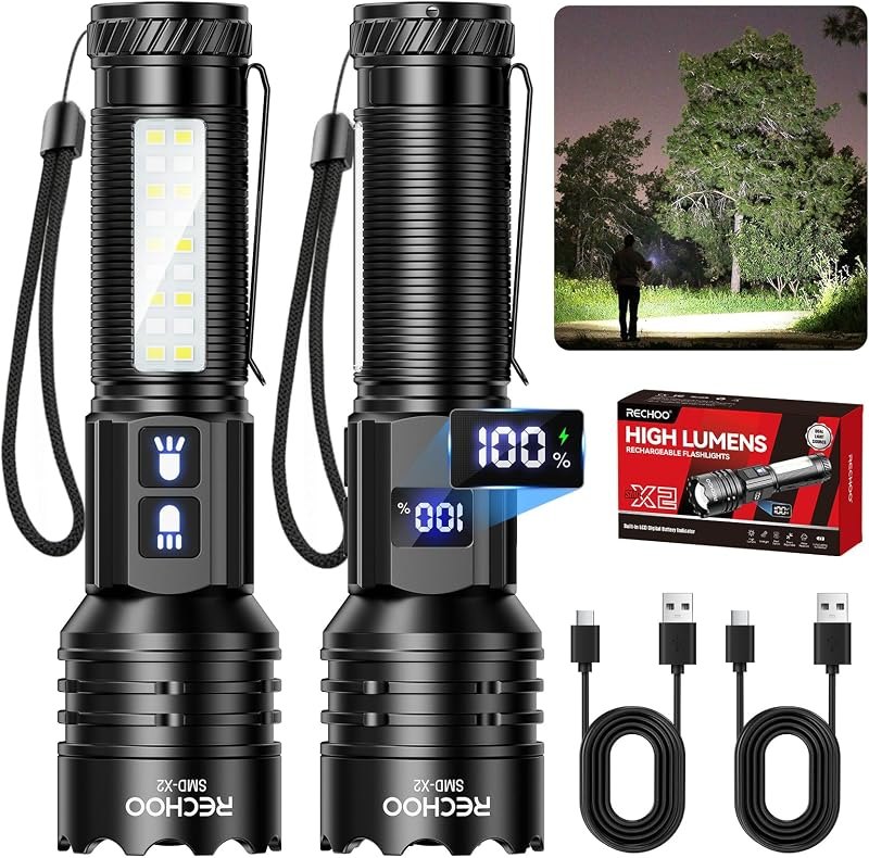 RECHOO Rechargeable Flashlights High Lumen with LCD Display 2 Pack — red flashlights for red flashlights
