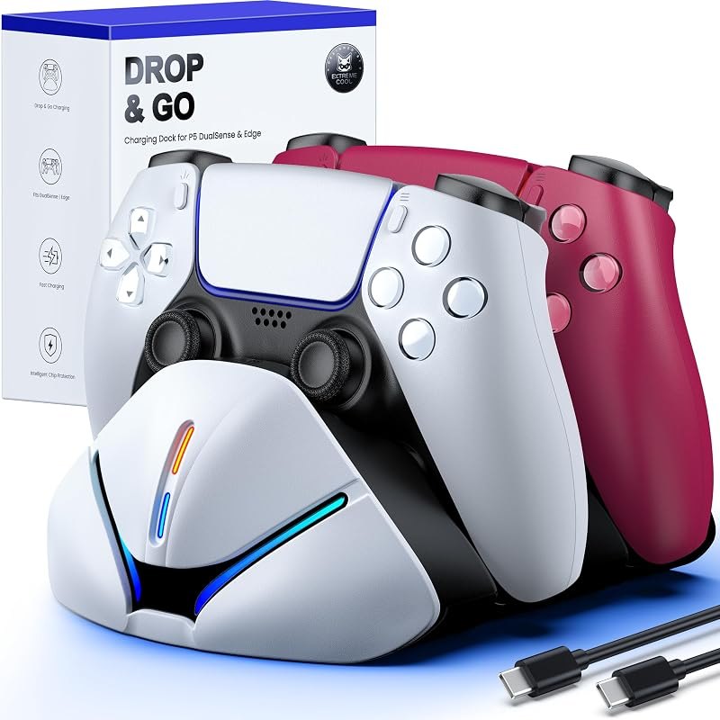 PS 5 Controller Charger Station for DualSense & Edge - Just Drop & Charge - Dual Charging Dock Compatible with