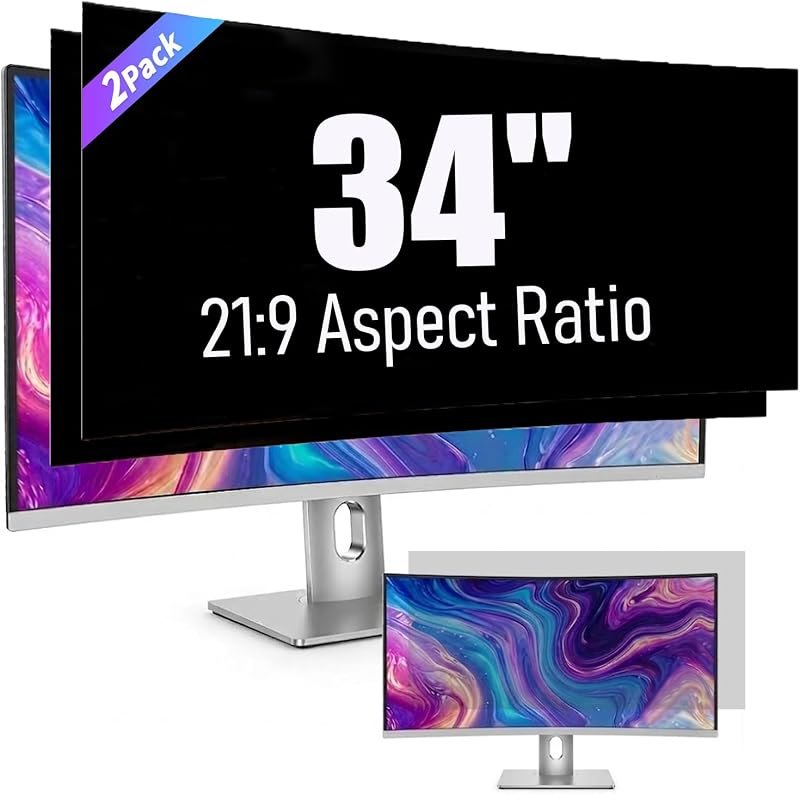 2 Pack 34 Inch Privacy Screen for Curved Computer Monitor fit 21:9 Aspect Ratio Widescreen Monitor - Anti Glare Blue