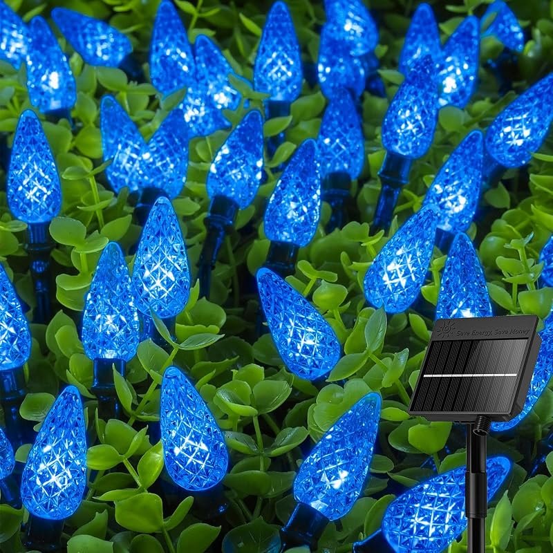 C6 Solar Christmas Lights Outdoor, 22.64ft 50 LED Blue Solar String lights Waterproof IP65, Timer, 8 Modes Twikle