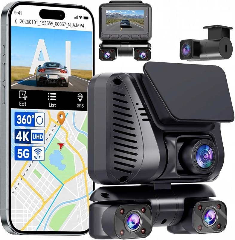 4K 4 Channel Dash Cam Front and Rear Inside Left Right, 360° View Wireless Car Dash Camera with Night Vision GPS Voice