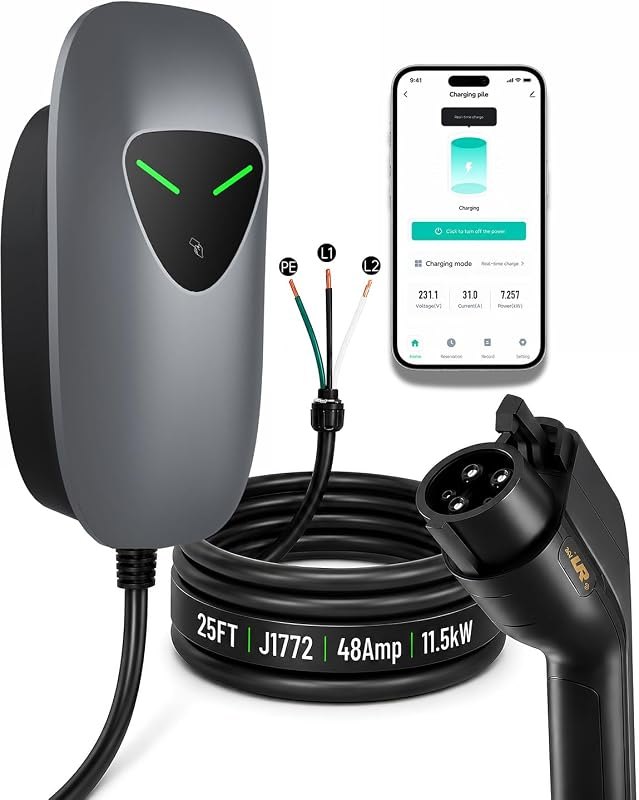 48A EV Charger Station Level 2 Hardwired,J1772 11.5kW 240V 25ft WiFi App — EV Home Chargers for home chargers