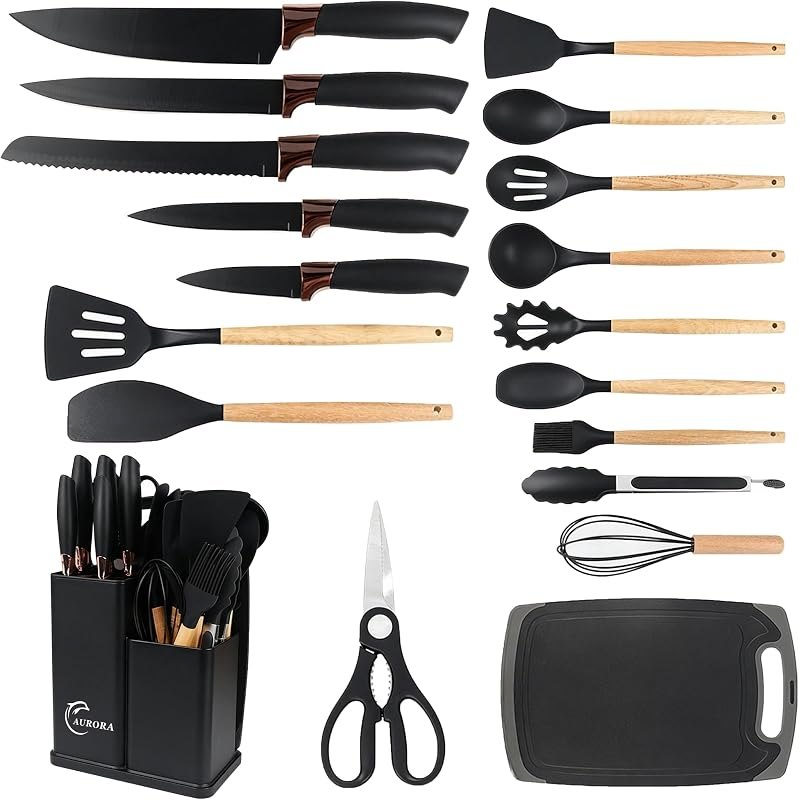19-Piece Kitchen Utensil Set with Knife Block Set, Silicone Cooking Utensils with Wooden Handles, Heat Resistant