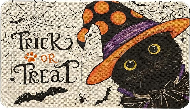 Halloween Cat Welcome Door Mat 30x17 Inch Cute Cat Front Doormat Indoor Outdoor Spooky Floor Mats Non-Slip Washable
