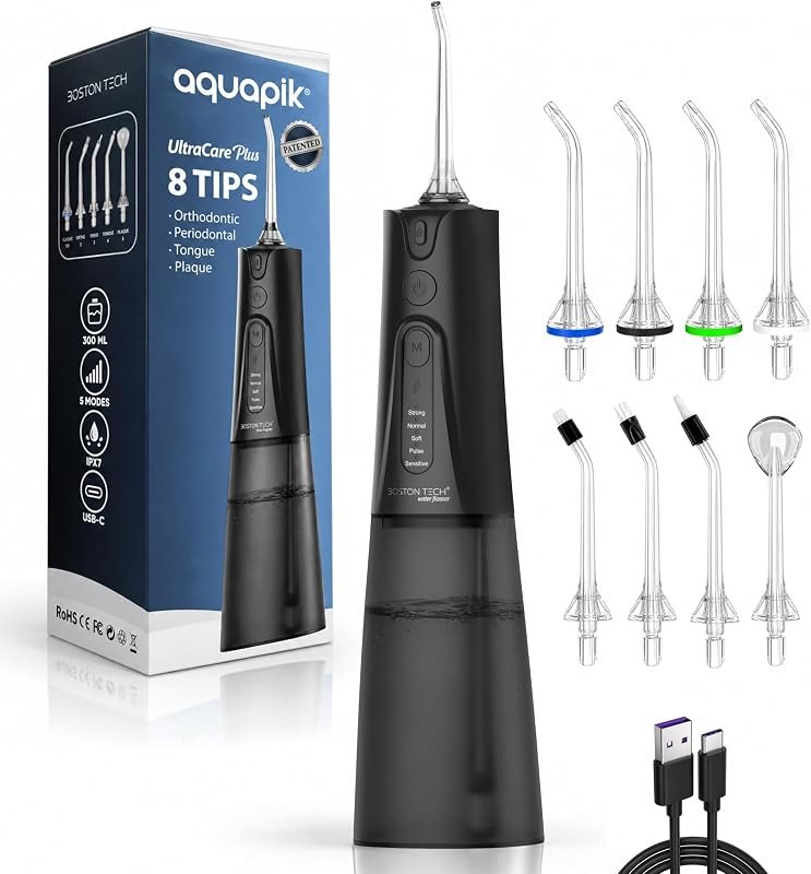 Aquapik Water Flosser for Teeth, 8 Tips & 30-Day Battery, 300ML Cordless Water Pick, 5 Modes, USB-C Rechargeable