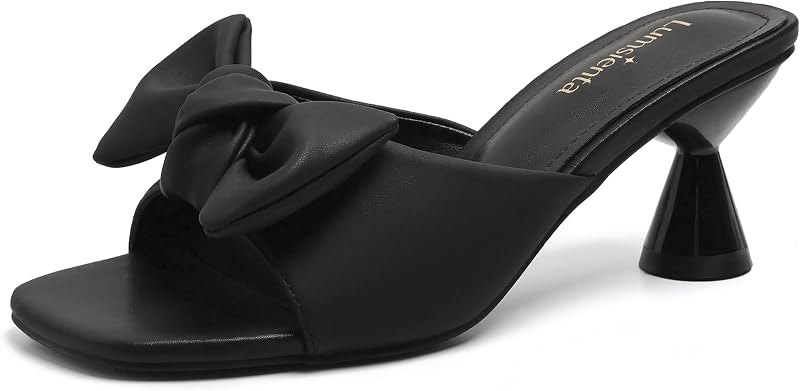 Women's Square Toe Bow Mules 2.4 Inch Kitten Heels Slip On Backless Sandals Vintage Dressy Shoes — low block heel
