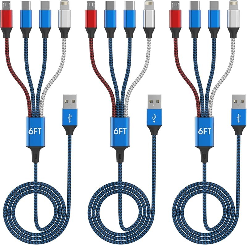 4-in-1 Multi Charging Cable (3-Pack, 6FT) - Dual USB-C, Lightning, Micro — car charger for iphone pro charger