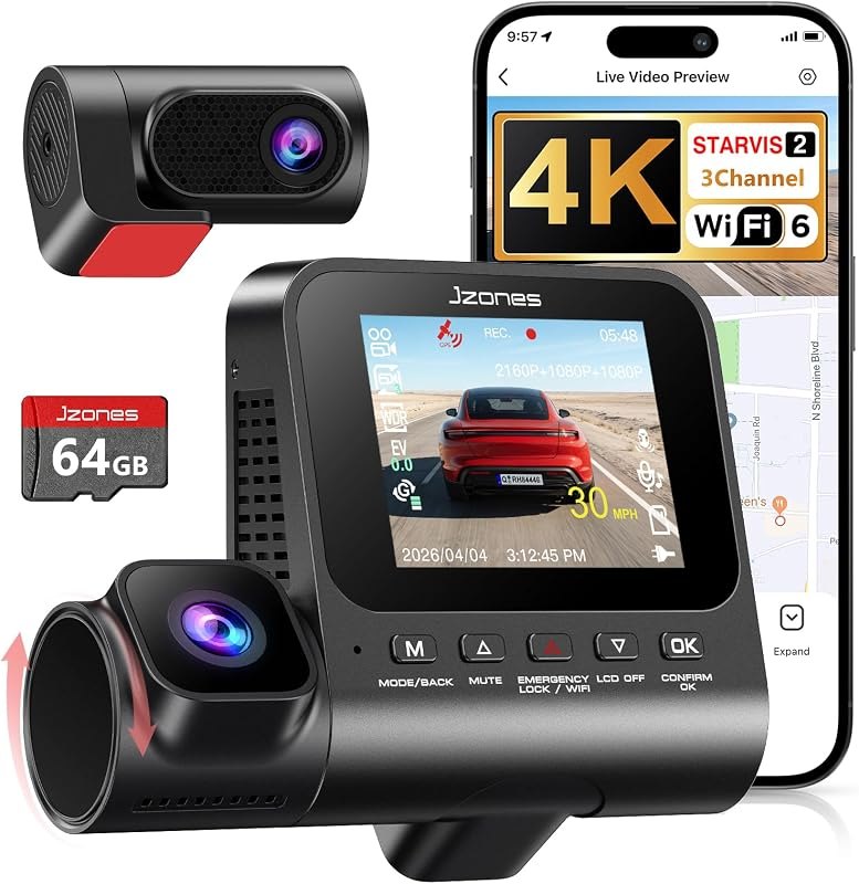 3 Channel Dash Cam Front and Rear, 4K Dash Camera for Cars STARVIS 2 HDR Night Vision, 24H Parking Mode, 64GB Card