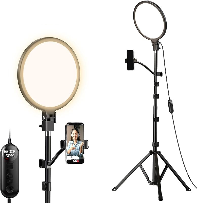 24W Ring Light with Stand and Phone Holder, 72" Phone Tripod with Light for iPhone, 10" Full-Screen Podcast Lighting