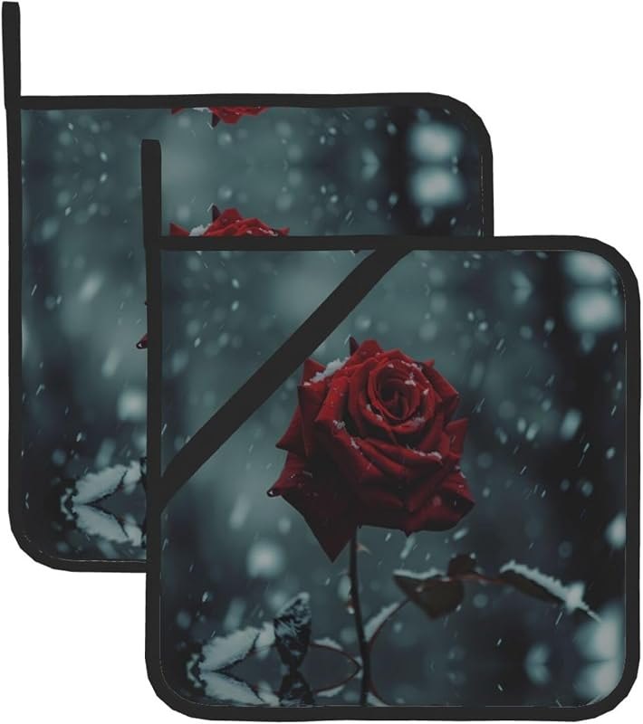 Winter Roses with Snow Prints Square Hot Pads for Kitchen Counter - Durable Pot Holders with Hanging Loop, Waterproof