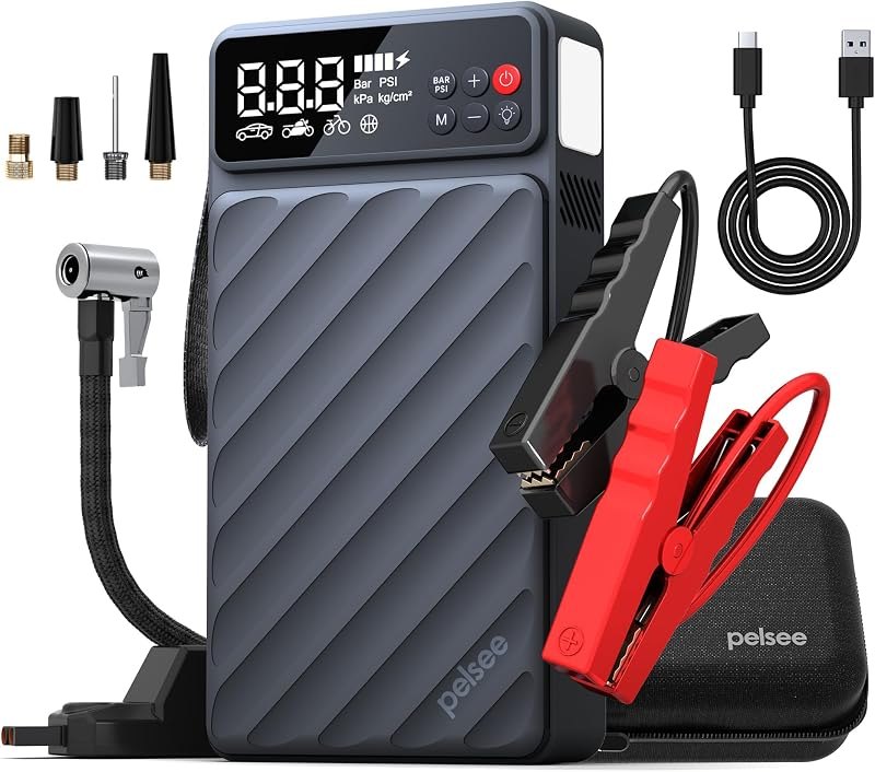 Pelsee 6000A Jump Starter with Air Compressor, Up to 10L Gas/8L Diesel Car Jump Box with 45W Fast Charge, Smart Tire