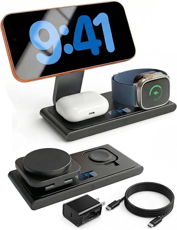 Foldable 3-in-1 Wireless Charging Station with 45W Adapter Included — Cases, chargers, MagSafe, earbuds, a for cases