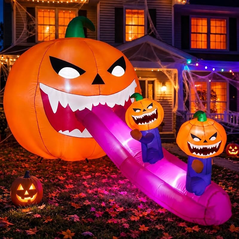 9FT Halloween Inflatables Pumpkin Outdoor Decorations, Blow Up Inflatable Giant Pumpkin Monster with Long Tongue and