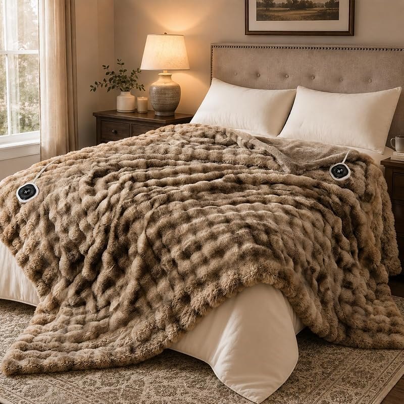 HOMLYNS Heated Blanket King Size, Faux Fur Electric Blanket, Tie-Dye Brown — best king electric blanket for king