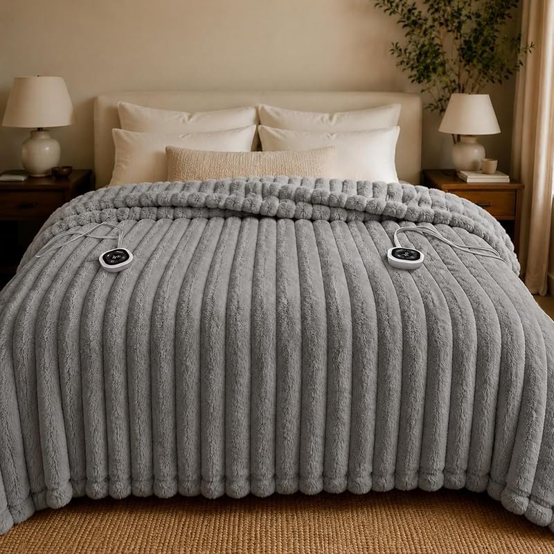 HOMLYNS Heated Blanket King Size Faux Fur Electric Blanket, 90"x100", Grey — best king electric blanket for king