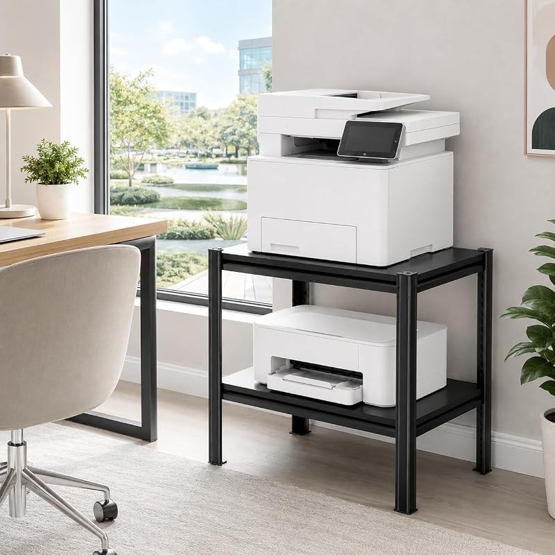 2-Tier Book Shelf, Tall Bookshelf & Printer Stand, Industrial Heavy Duty Bookcase with Adjustable Shelves, Storage