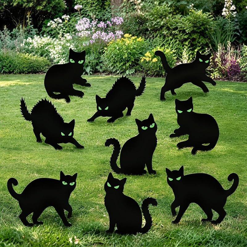 Halloween Decorations Outdoor - 9 Pack Corrugated Plastic Black Cat Decor with Stakes, Glow In The Dark Eyes Scary