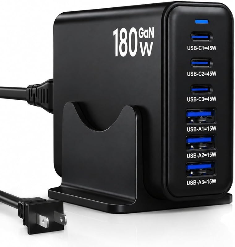 180W GaN USB C Charging Station, 6 Port Desktop Charger — multi-port GaN charger for multi port gan charger