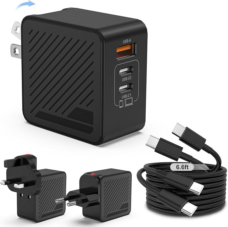65W GaN USB C Charger Travel Adapter, 3 Port Wall Charger with UK EU Plugs — 65W GaN charger for 65w gan charger