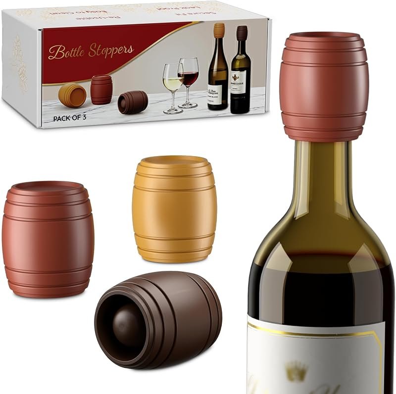 Wine Stoppers for Wine Bottle, 3 Pack Barrel-Shaped Silicone Bottle Stopper — Stoppers and corkscrews. amazon for