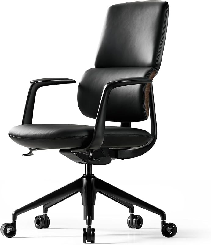 TOMU Genuine Leather Office Desk Chair, Ergonomic Leather Office Chair Mid Back, Upgraded Wood Grain Finish and S