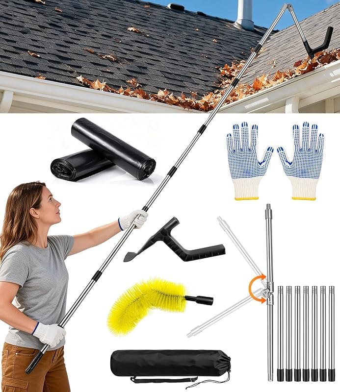 13FT Gutter Cleaning Tools from Ground, Adjustable Gutter Cleaner Tool Kit with Brush Head & Gutter Scoop, Long Reach