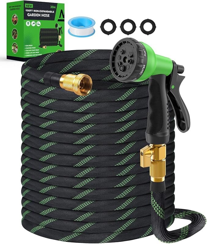100ft Garden Hose, Non-Expandable Water Hose with 8 Function Spray Nozzle, Lightweight, Knik-Free, Burst-Resistant