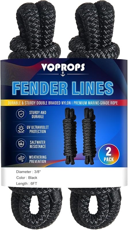 2 Pack 3/8" x 6' Boat Fender Lines, Black Double Braided Nylon