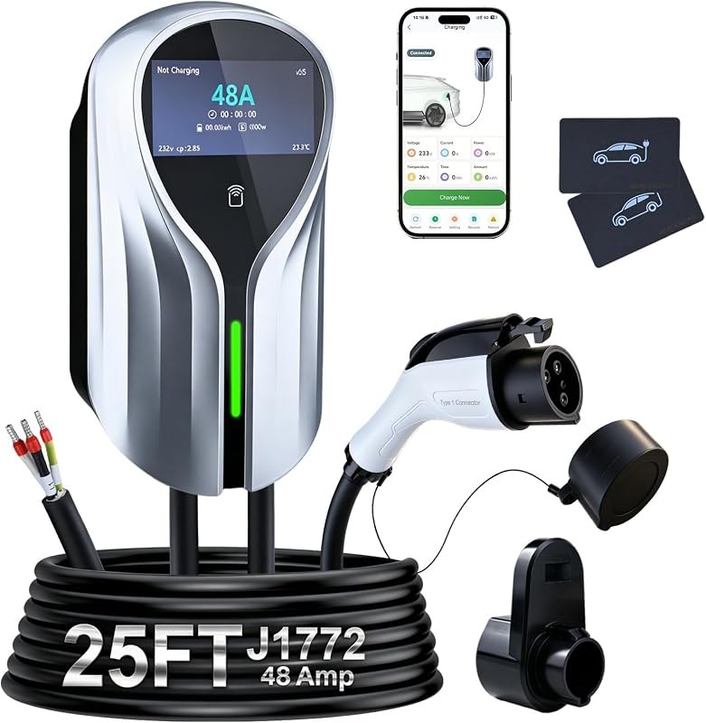 Level 2 EV Charger 48 Amp、11.5kW 240V Hardwire、25ft Cable，J1772 Wall Charger，RFID Card WiFi Enabled Smart App
