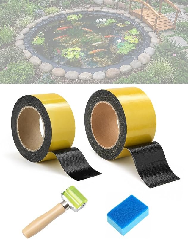 Pond Liner Butyl Seam Tape Kit, 20FT Length Self-Adhesive Repair Tape (3.15"+2"Width) with Cleaning Sponge & Roller