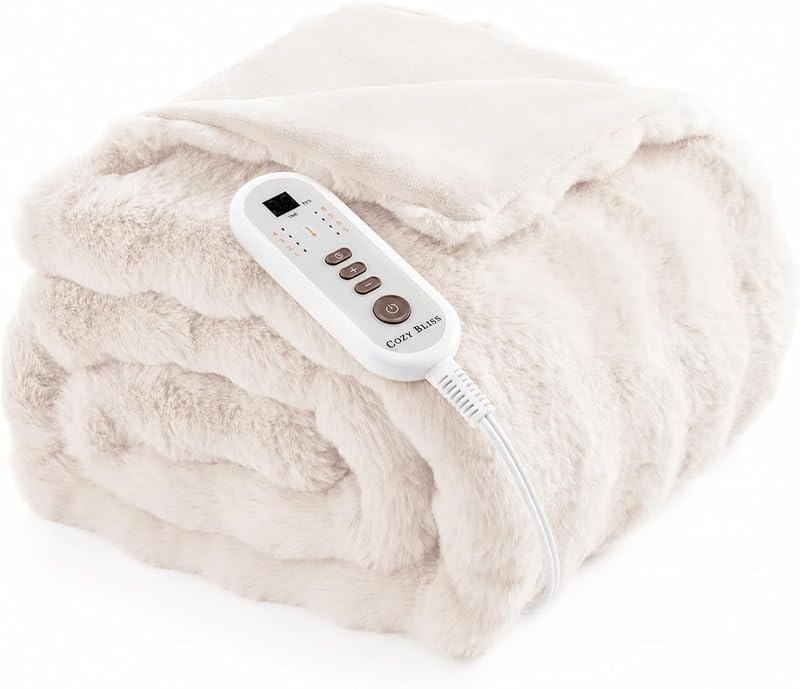 Cozy Bliss Heated Blanket Throw, Bubble Faux Fur Electric Blanket, Fast Heating, 8 Heat Levels & 8 Timer Settings