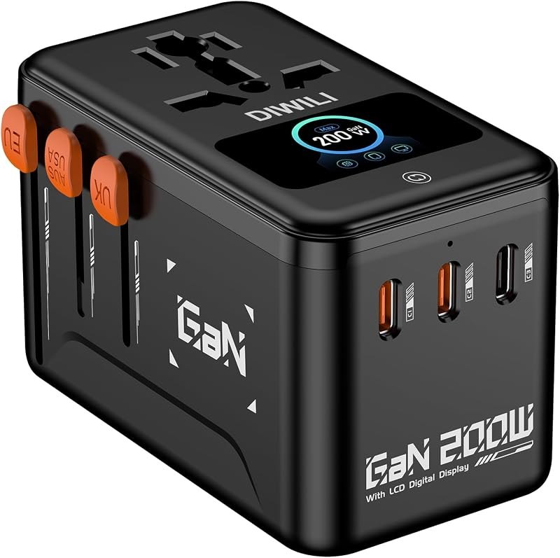 200W GaN Universal Travel Adapter with Smart Display for EU/US/UK — universal travel adapter usb-c for universal