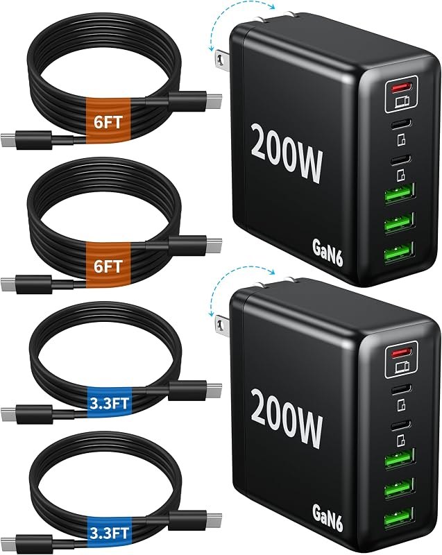 2 Pack USB C Charger Block, 200W GaN Super Fast Charger Type C Fast Charging 6 Port Foldable PD Charging Station for