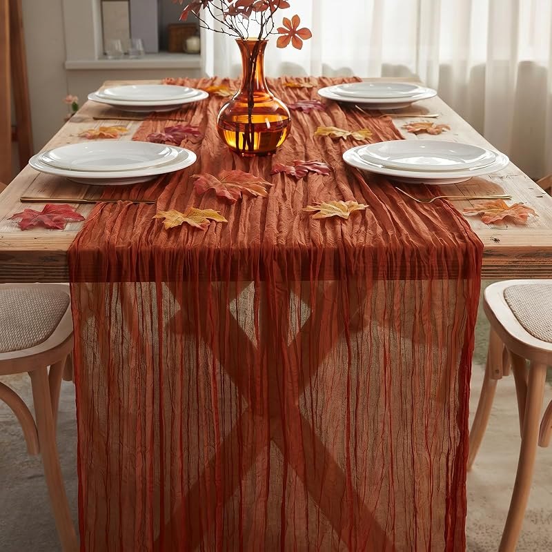 Fall Terracotta Cheesecloth Table Runner for Home Thanksgiving Party Decor — fall table runner for fall table runner