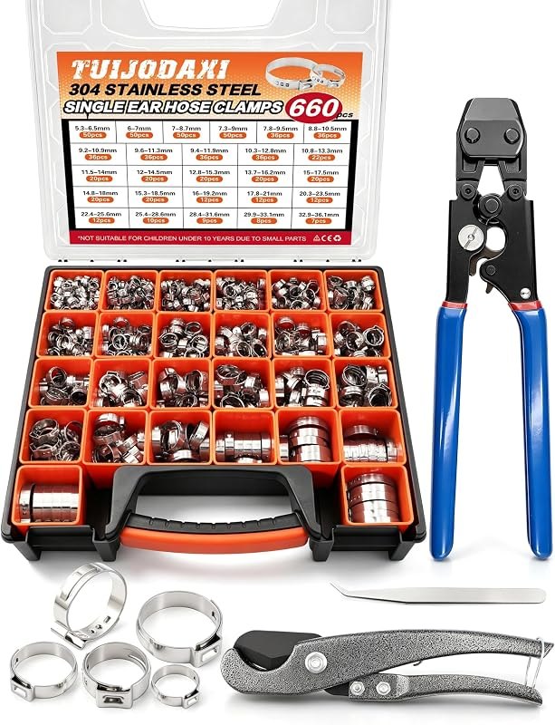 660PCS 304SS Single Ear Hose Clamp Kit with Ratchet Crimp Tool — Clamps, discs, and scrapers. amazon for clamps discs