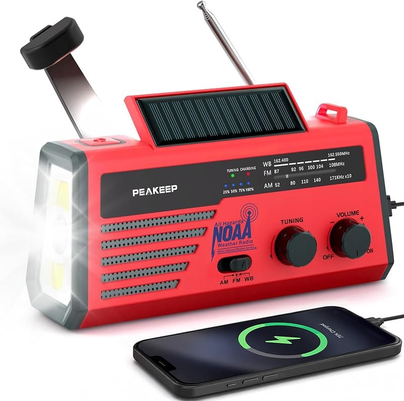 Peakeep NOAA Emergency Weather Radio Alert with Crank Solar Battery Powered — Alarms, blankets, and emergency radi for