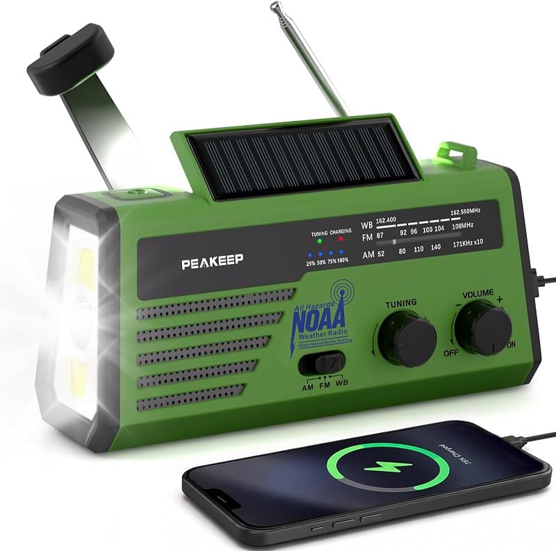 Peakeep NOAA Emergency Weather Radio Alert with Crank Solar Battery Powered — Alarms, blankets, and emergency radi for