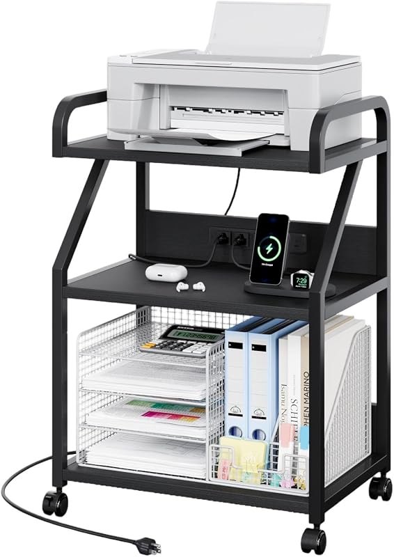Large 3-Tier Printer Stand with Charging Station, Black — printers wall hanger amazon for printers wall hanger