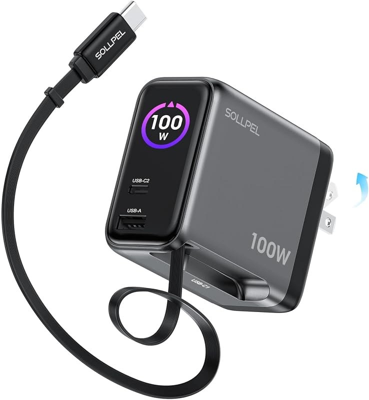 100W GaN USB C Retractable Charger with Smart Display&Touch Control — best 100W GaN charger for 100w gan charger