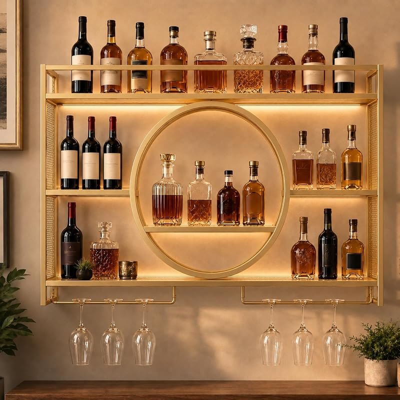 Wine Rack Wall Mounted - with LED Light, Bar Shelves & Glass Holder, Gold — best wine wall hanger for wine wall hanger