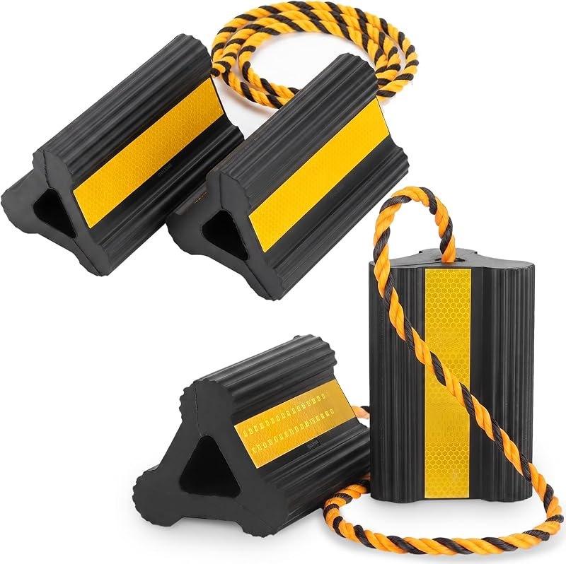 OULEME Heavy Duty Rubber Wheel Chocks with Rope & Reflective Strips — rv chocks for sewer hoses