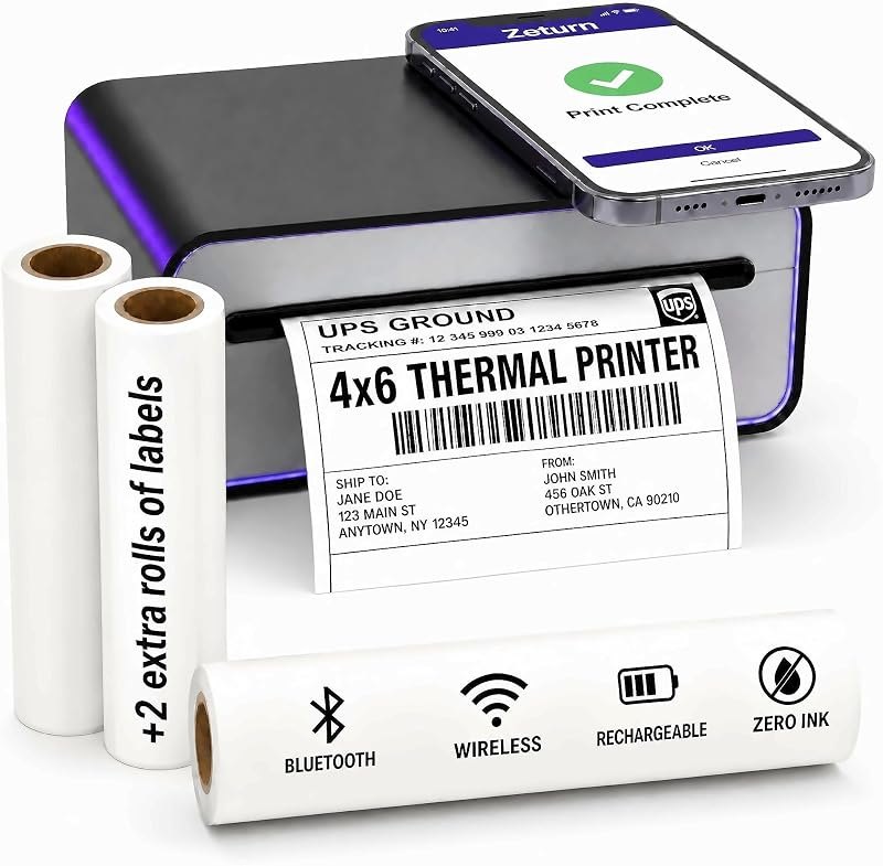 4x6 Thermal Label Printer - Bluetooth, Wireless, 2 Extra Label Rolls — 4x6 label printer amazon for 4x6 label printer
