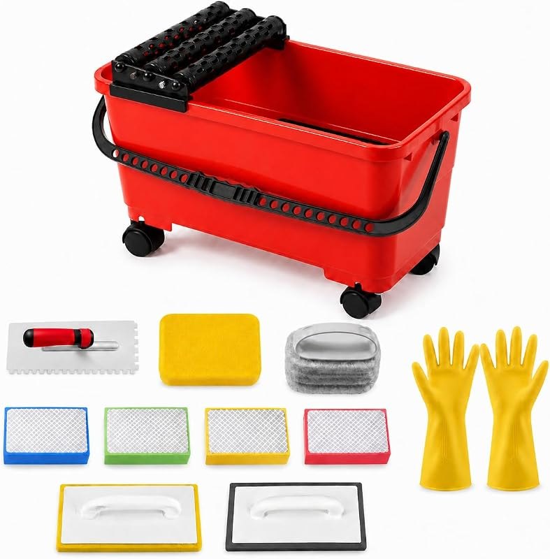 12 Pack Grout Cleaning System Set, 6 Gallon Grouting Bucket with 3 Spiral Rollers, 2 Rubber Floats, 2 Grout Sponges, 4