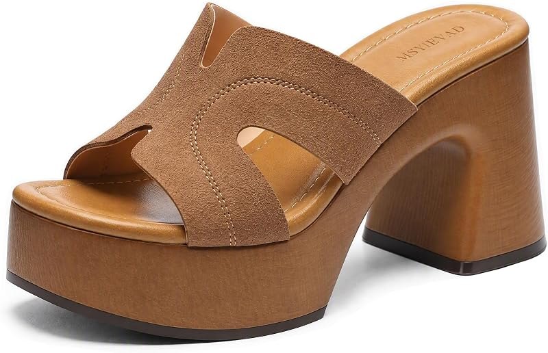Women's Platform Chunky Sandals Square Open Toe Block Wood Heels Slip on Slide Heeled Sandals Comfortable Summer