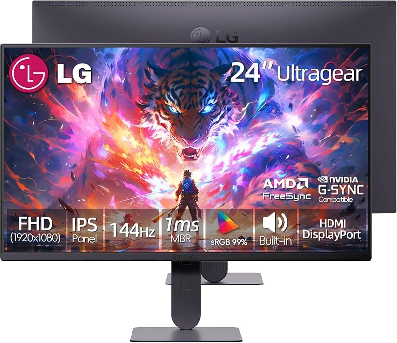 LG 24" Gaming Monitor, FHD IPS, 144Hz Refresh Rate, 1ms MBR, HDR10, sRGB 99%, NVIDIA G-SYNC Compatible, AMD FreeSync