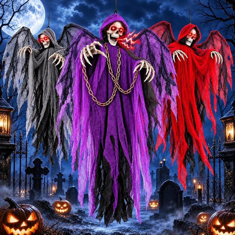 71" Halloween Hanging Skeleton Ghosts with Moving Grabbing Arm, Scary Sound & Glowing Red Eyes, 3 Pack Halloween