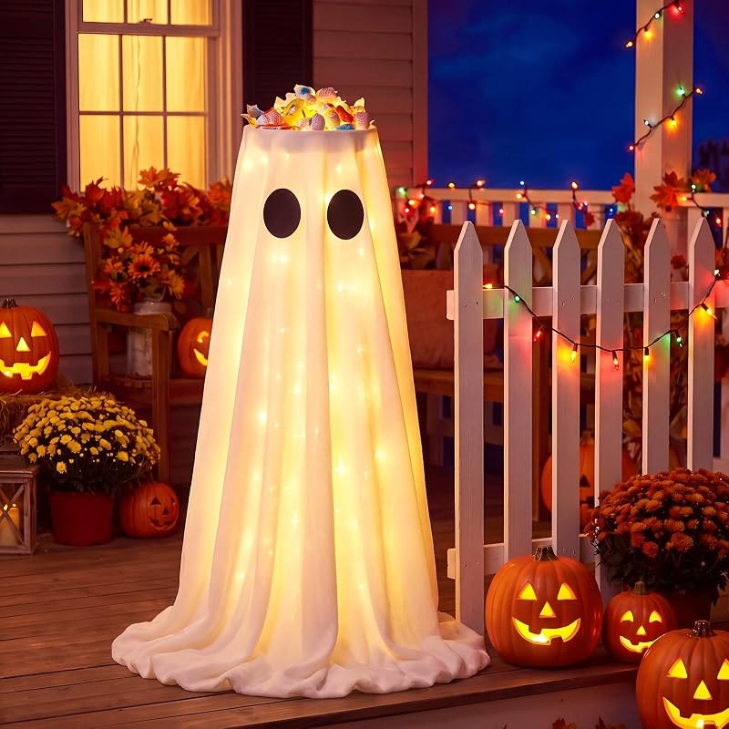 39 Inch Lighted LED Halloween Ghost Candy Bowl Stand with Remote & Timer — halloween candy bowl for halloween candy bowl